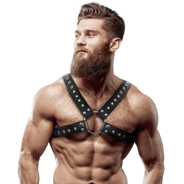FETISH SUBMISSIVE ATTITUDE - MENS CROSS-OVER ECO-LEATHER CHEST HARNESS WITH STUDS