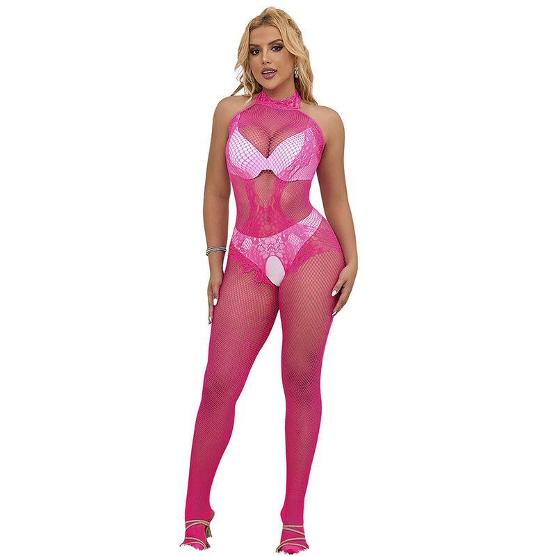 img_185246_5943f041d978d7dea868272e4c6dac27_1 SUBBLIME - 952389 FISHNET AND LACE CROTCHLESS BODYSTOCKING WITH HIGH NECK PINK ONE SIZE - Image 1