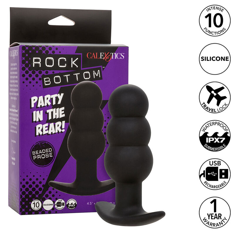 img_185873_065a9802b703987523ba9954c8947a24_1 CALEXOTICS - ROCK BOTTOM BEADED ANAL PLUG 10 VIBRATIONS SILICONE BLACK - Image 1