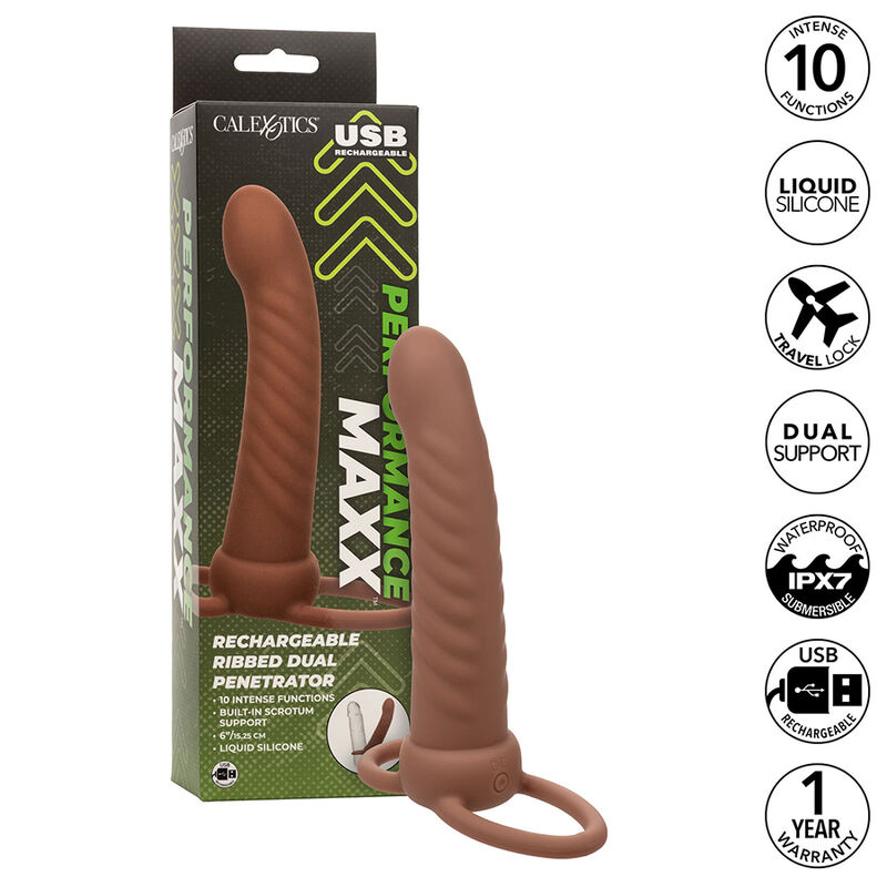 img_186097_83e79e36db590422d71b3b3574e67096_1 CALEXOTICS - MAXX RIBBED DUAL PENETRATOR 10 VIBRATIONS BROWN - Image 1