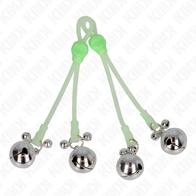 img_186758_66449d07f2f47c644f36f9c60f21fd54_1 KINK - LUMINOUS SKULL NIPPLE CLAMPS WITH RING BELLS ADJUSTABLE GREEN / SILVER - Image 1