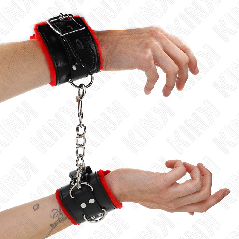 img_187365_3c1c55b0aa64299594a8ea606c04e3b9_1 KINK - FUR LINED WRIST RESTRAINTS WITH SQUARE HOLES RED AND BLACK BELT ADJUSTABLE 17-29 CM X 6 CM - Image 1