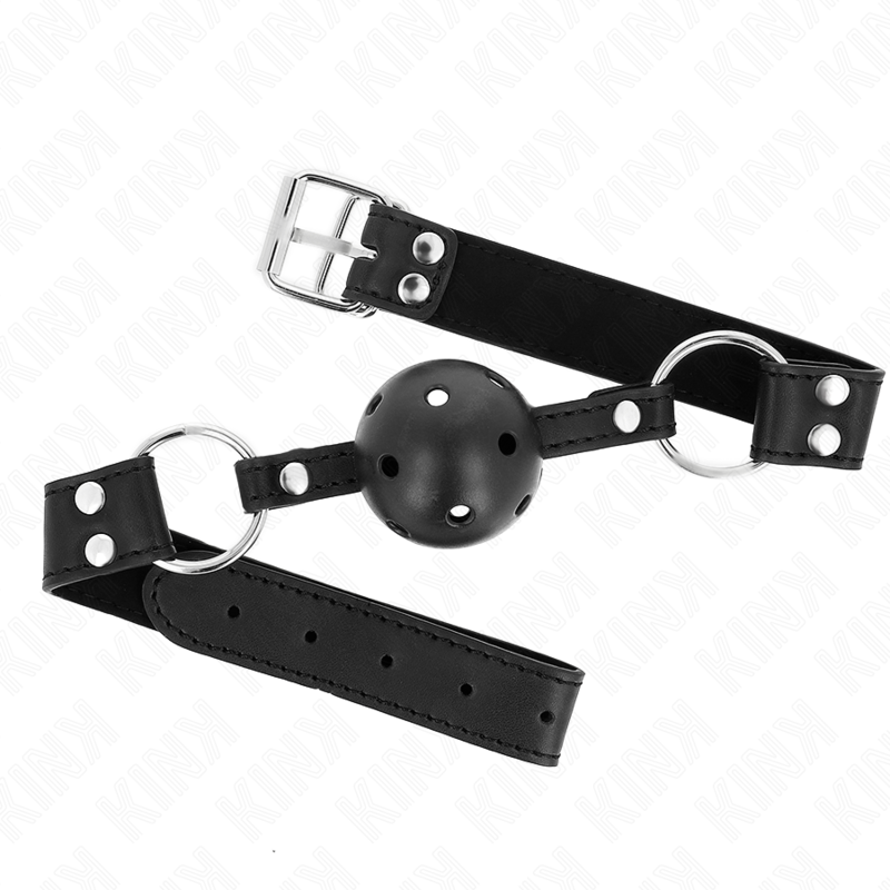 img_187708_a789c2f463776c4c5c1e3d83e5e4cc46_1 KINK - BREATHABLE BALL 4 CM GAG WITH DOUBLE RIVET MODEL 1 BLACK 62.5 x 2.5 CM ADJUSTABLE 42-58 CM - Image 1