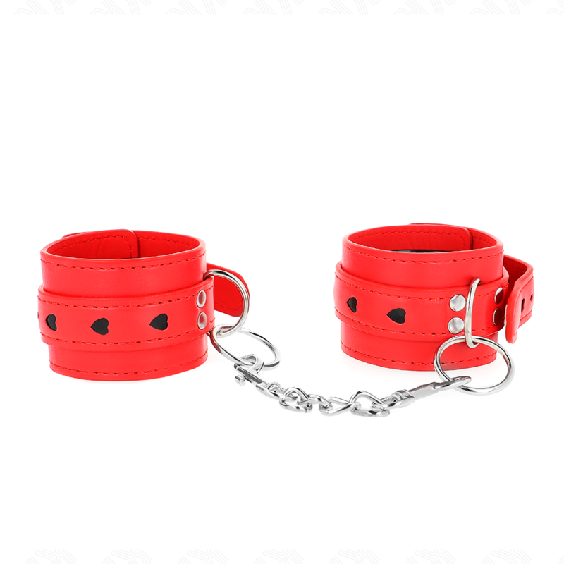img_187767_21a10ef33614e6196b498347387134b7_1 KINK - RED WRIST RESTRAINTS WITH BLACK HEART INLAY ADJUSTABLE 21-28 CM X 5.5 CM - Image 1