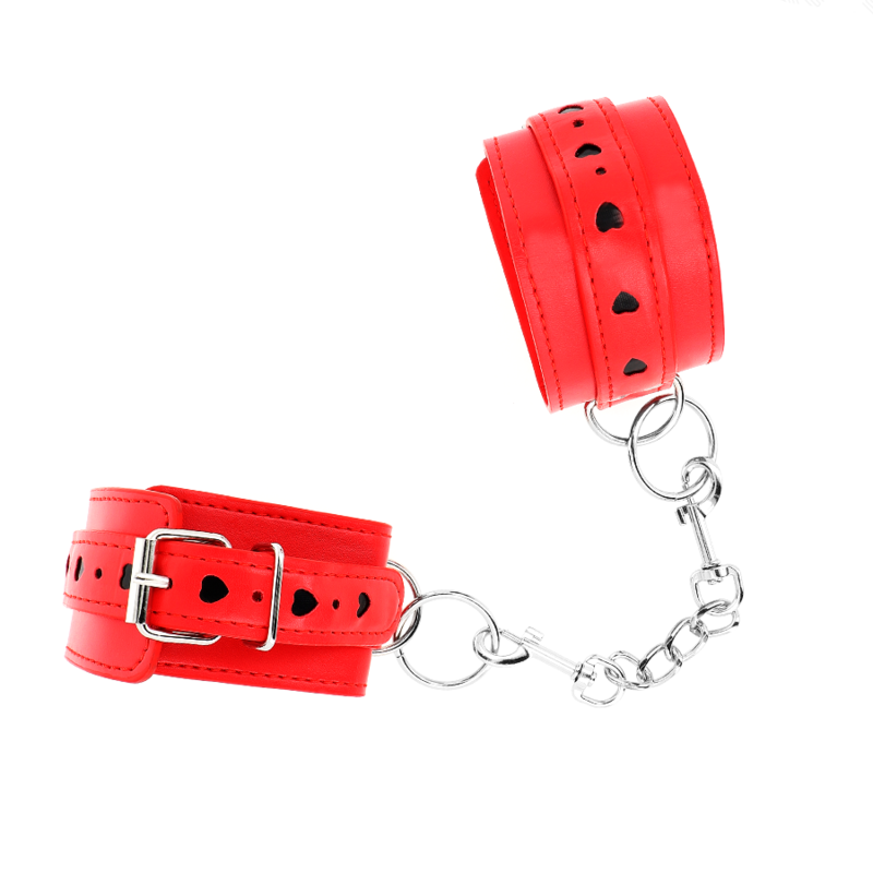 img_187770_23cd8fcd123f24616fc3dcdd4e3d40eb_1 KINK - RED WRIST RESTRAINTS WITH BLACK HEART INLAY ADJUSTABLE 21-28 CM X 5.5 CM - Image 2
