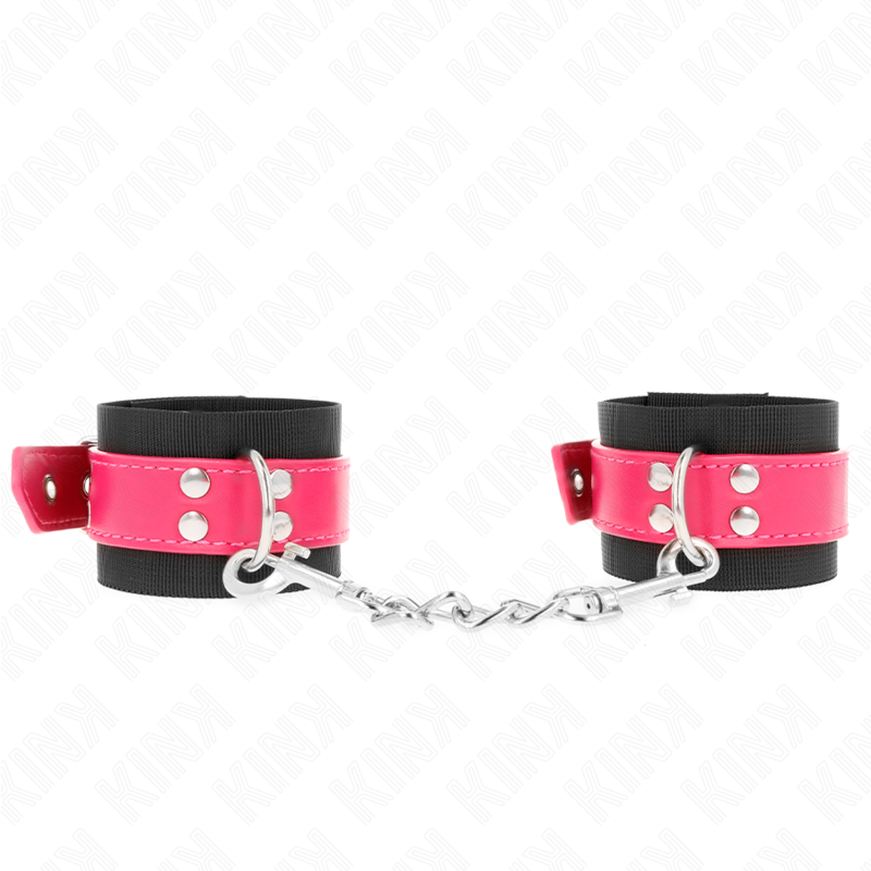 img_189271_acfc7e22c63a937e19597d39f9e3e75a_1 KINK - NYLON WRIST RESTRAINTS BLACK WITH LEATHERETTE BELT RASPBERRY ROSE ADJUSTABLE 19-29 CM X 5.1 CM - Image 1