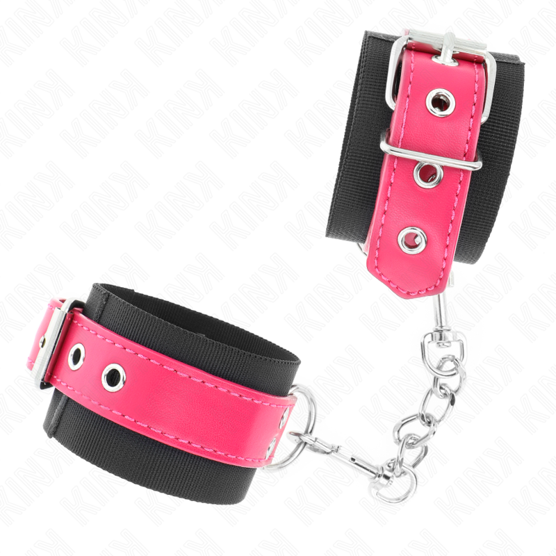img_189273_3cfb04fdd5363e031c4fcd9085a9bef7_1 KINK - NYLON WRIST RESTRAINTS BLACK WITH LEATHERETTE BELT RASPBERRY ROSE ADJUSTABLE 19-29 CM X 5.1 CM - Image 2