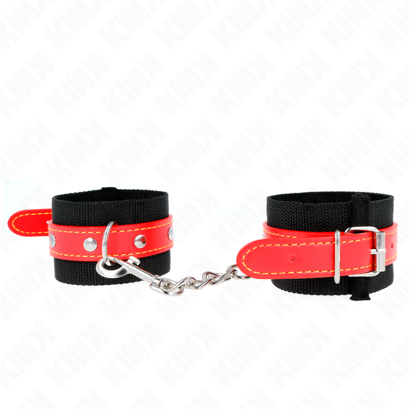 img_189276_c8a49426e7732e352483304a5f616ff4_1 KINK - NYLON WRIST RESTRAINTS BLACK WITH LEATHERETTE RED ADJUSTABLE 19-24 CM X 5.5 CM - Image 1