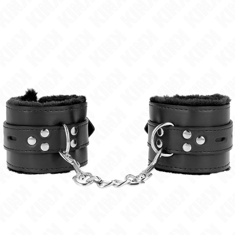 img_189347_9d65a9710f12531051fc6433ffd143c8_1 KINK - FUR LINED WRIST RESTRAINTS WITH SQUARE HOLES BLACK AND BLACK BELT ADJUSTABLE 17-29 CM X 6 CM - Image 1
