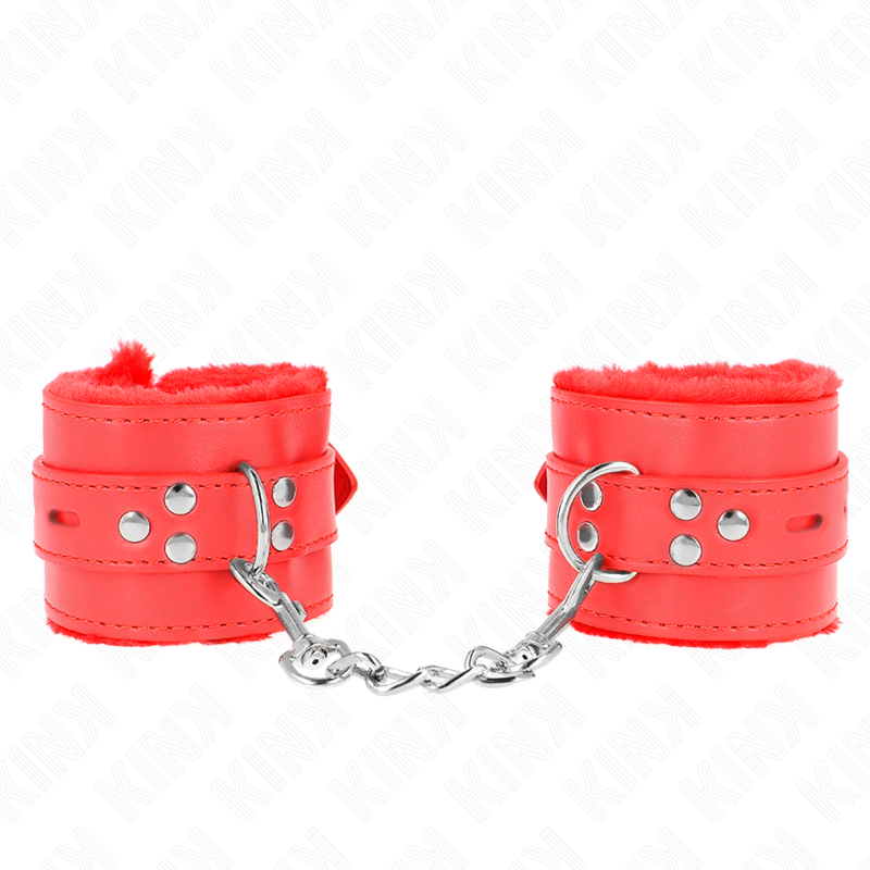 img_189351_e476c38f24e4942a4376a2a1bde0ee15_1 KINK - FUR LINED WRIST RESTRAINTS WITH SQUARE HOLES RED AND RED BELT ADJUSTABLE 17-29 CM X 6 CM - Image 1