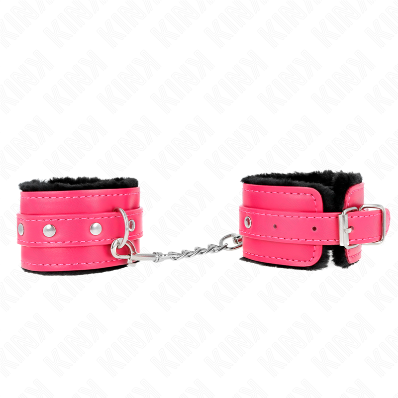 img_189363_3e0d2e8c4656e8fc93fc491c15851a3f_1 KINK - PREMIUM FUR LINED WRIST RESTRAINTS BLACK WITH RASPBERRY ROSE BELT ADJUSTABLE 17-29 CM X 6 CM - Image 1