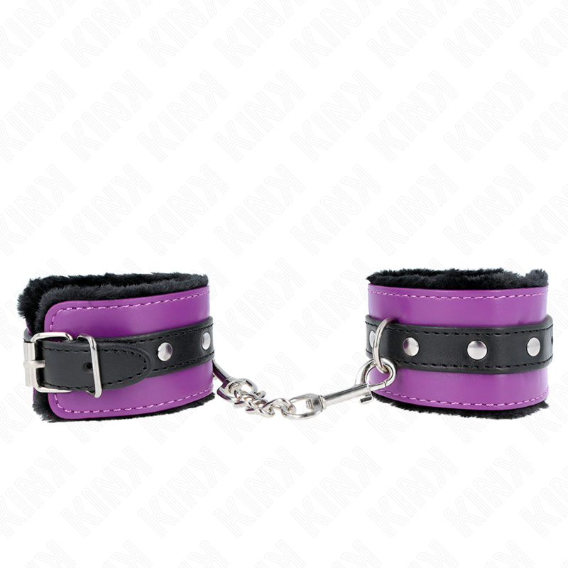 img_189371_19eea9573e2532b1ef038c3ced9fa7e8_1 KINK - PREMIUM FUR LINED WRIST RESTRAINTS BLACK WITH PURPLE / BLACK BELT ADJUSTABLE 17-29 CM X 6 CM - Image 1