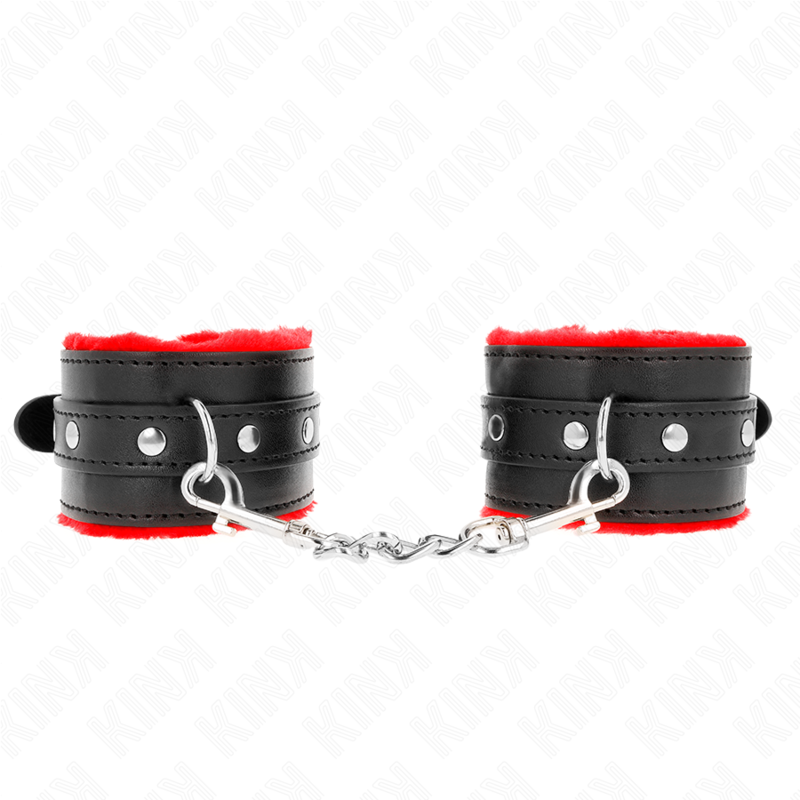 img_189375_31ee77260249ecaef219510bd285a904_1 KINK - PREMIUM FUR LINED WRIST RESTRAINTS RED WITH BLACK BELT ADJUSTABLE 17-29 CM X 6 CM - Image 1