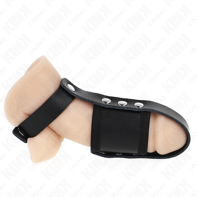 img_192926_4e92dbb2d60b26e72e841a264a26a089_1 KINK - LEATHER PENIS CAGE RING WITH ADJUSTABLE COATED BALL DIVIDER STRAP - Image 1