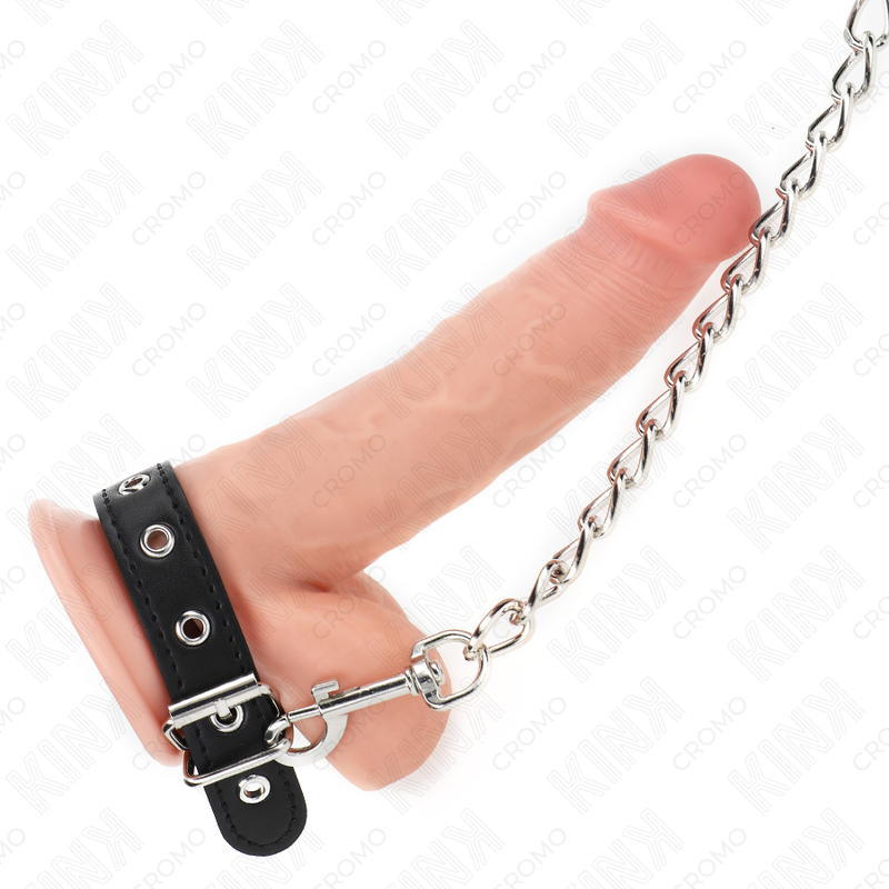 img_192984_9bca6301f20917e40c38af00e0916694_1 KINK - LEATHER PENIS RING WITH STRAP 21.5 X 2 CM AND METAL CHAIN 60 CM - Image 2