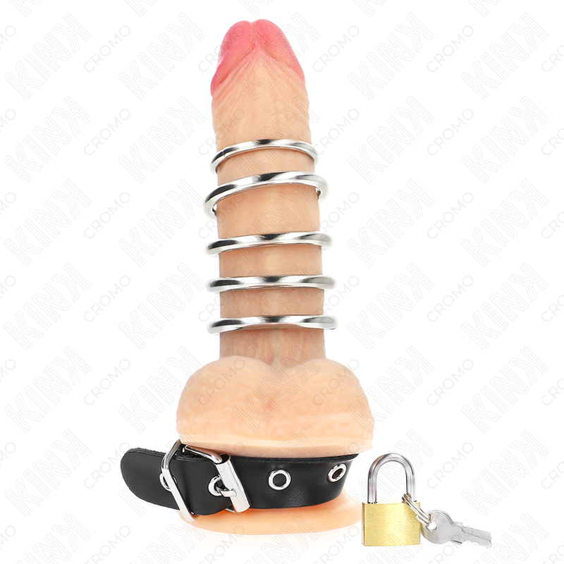img_193241_01d34d5c2686f463aa1982fcfefe8d82_1 KINK - LEATHER PENIS RING WITH LOCK STRAP 21 X 2 CM AND 5 METAL RINGS FROM 3 CM TO 4 CM - Image 2