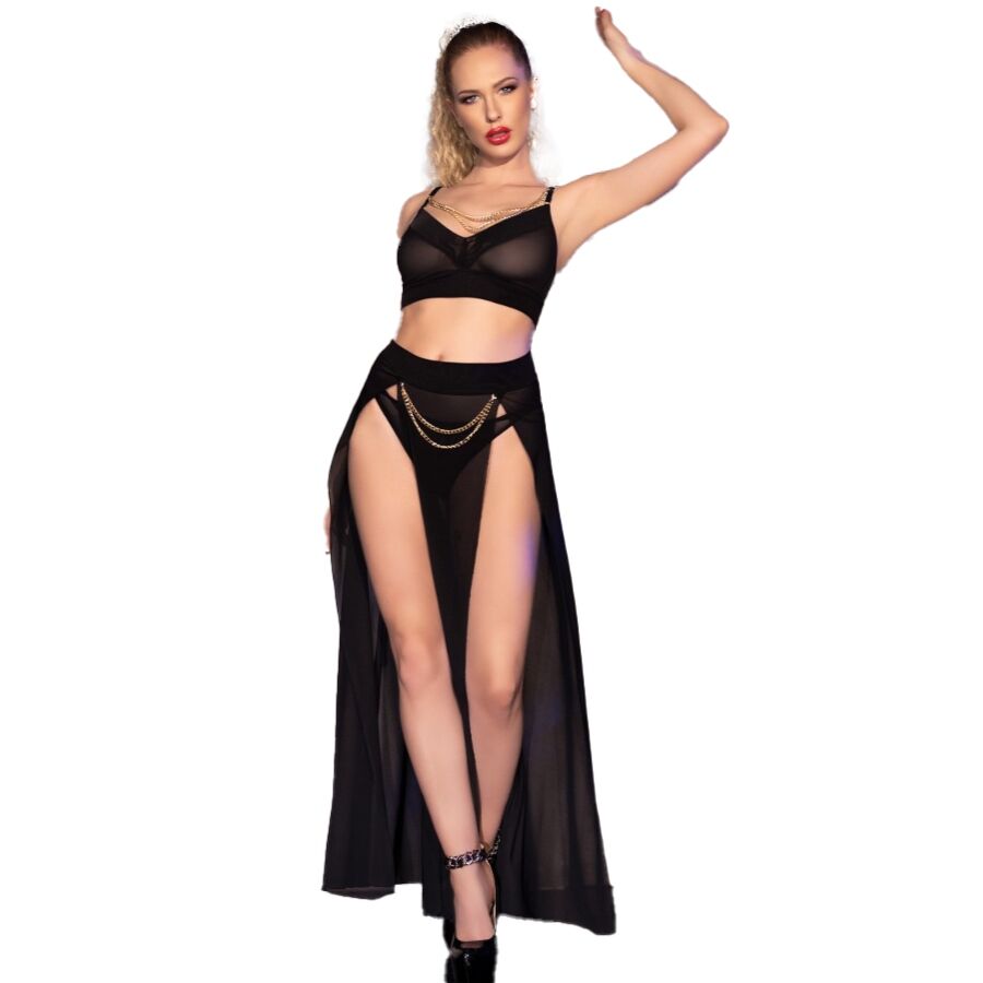 img_201564_31eea6231328c07b66cbeaee5b3f6722_1 CHILIROSE - CR 4672 BLACK TOP SKIRT AND THONG WITH GOLDEN CHAINS M - Image 1